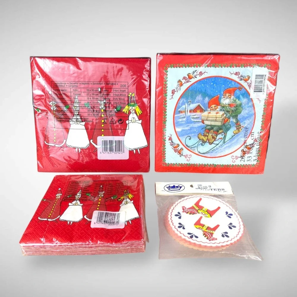 Scandinavian NOS Paper Napkins & Coasters Vintage Dala‎ Horse Gnomes Lucia